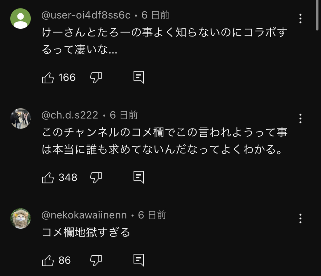 けーさんとたろー炎上動画のコメント欄画像